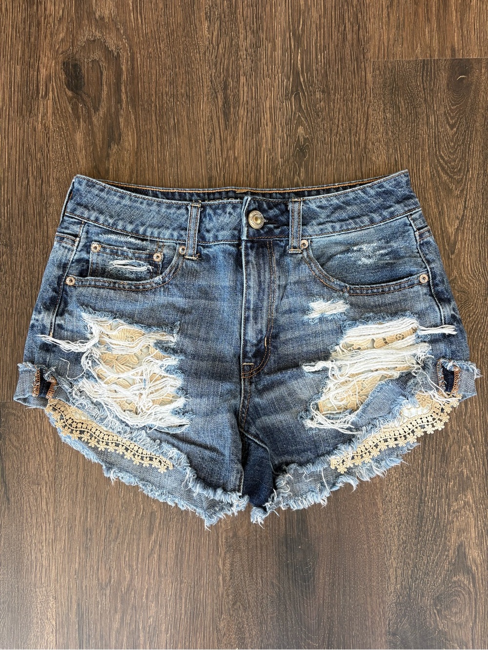 AE Festival Distressed Blue Denim Lace-Trim Women's Shorts High Waist Hi Rise